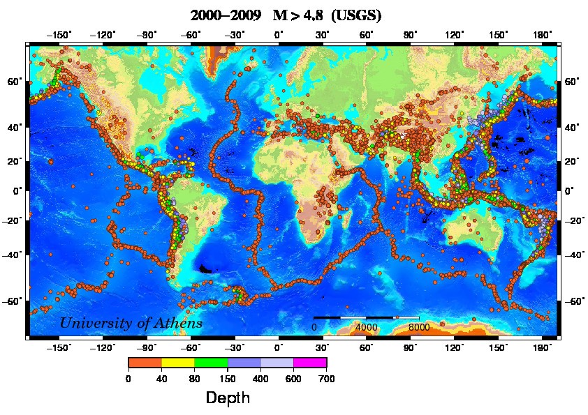 پراکندگی زمین لرزه ها با بزرگای بیش از 4.8 در بازه زمانی 2009-2000 میلادی به همراه داده های ژرفای کانونی